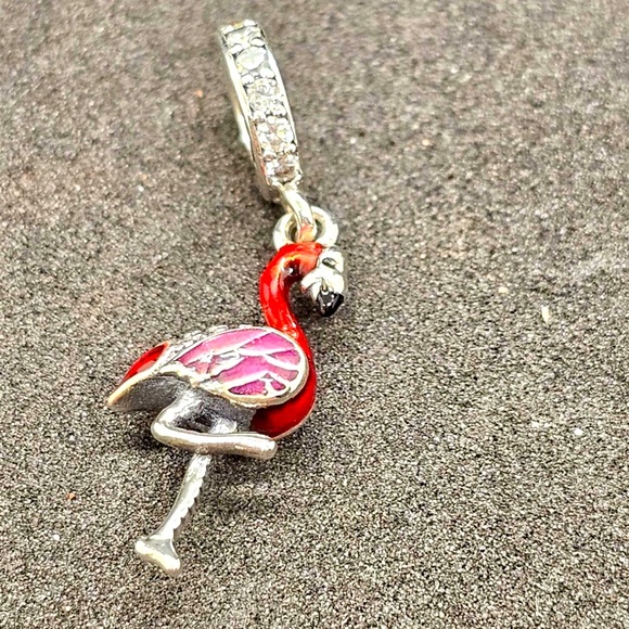 Flamingo Dangle Charm Sterling Silver 925 Pink Red Enamel Tropical Jewelry - Picture 1 of 4